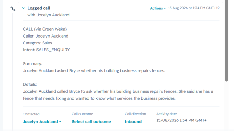 A call summary logged automatically on a HubSpot contact timeline