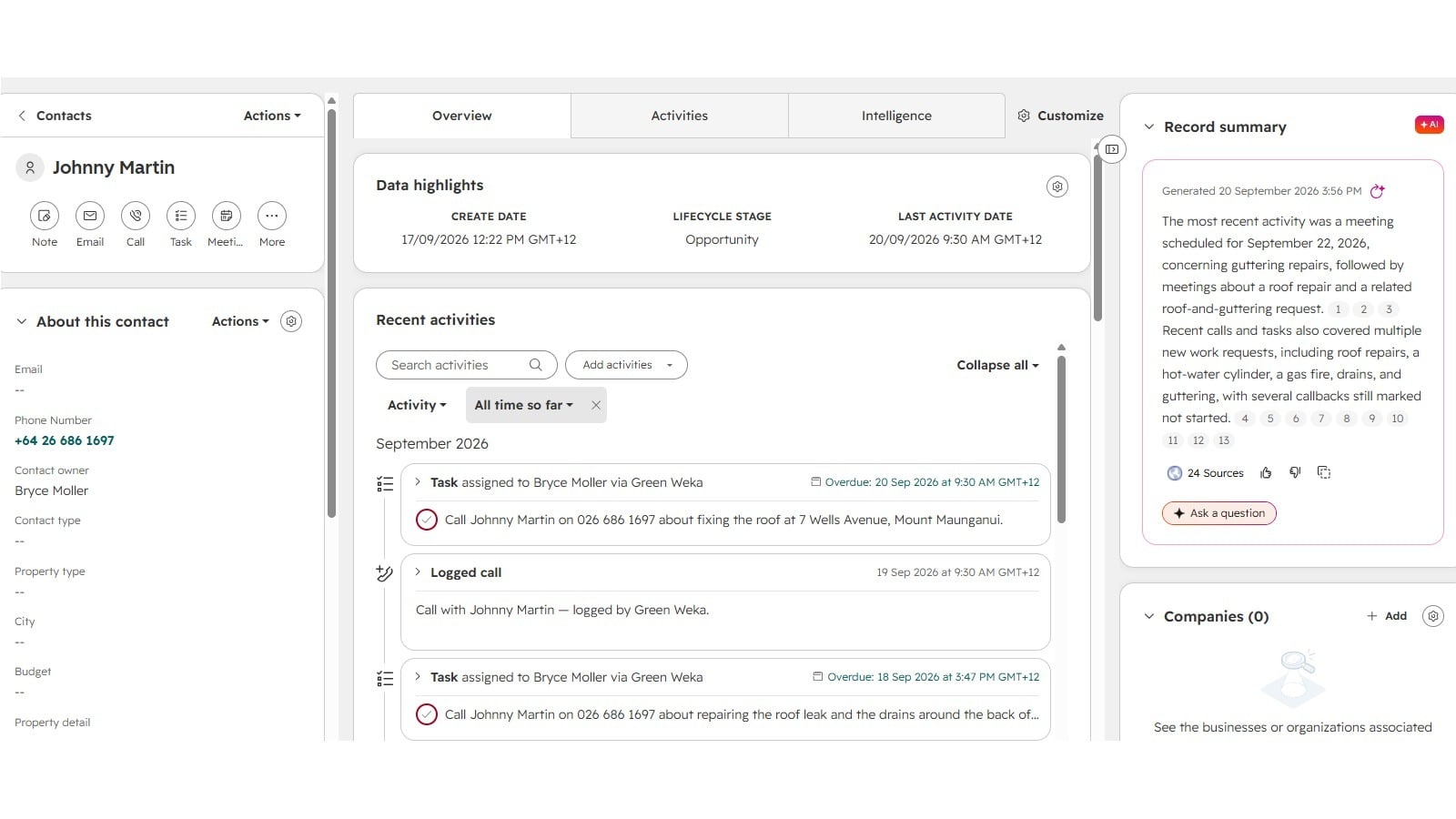 Tasks created from a phone call, assigned and linked in HubSpot